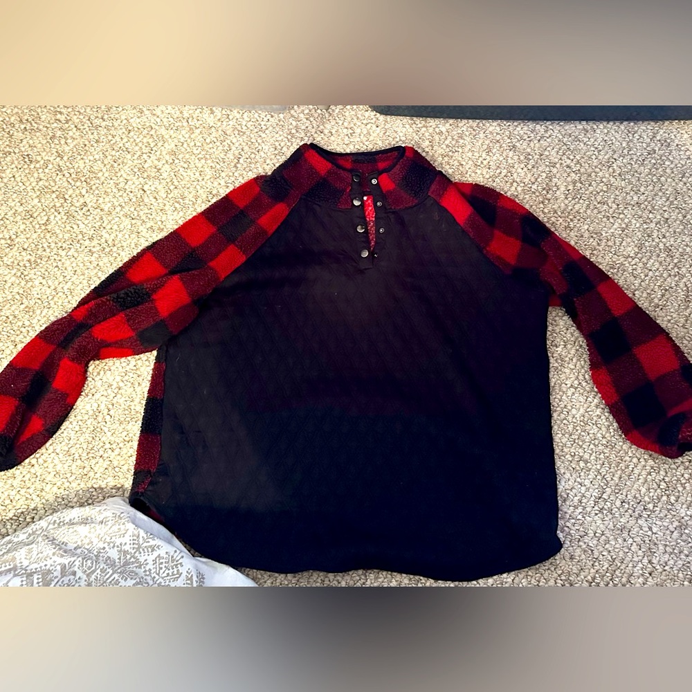 Maurice’s Sherpa pullover - buffalo plaid with black quilted front.